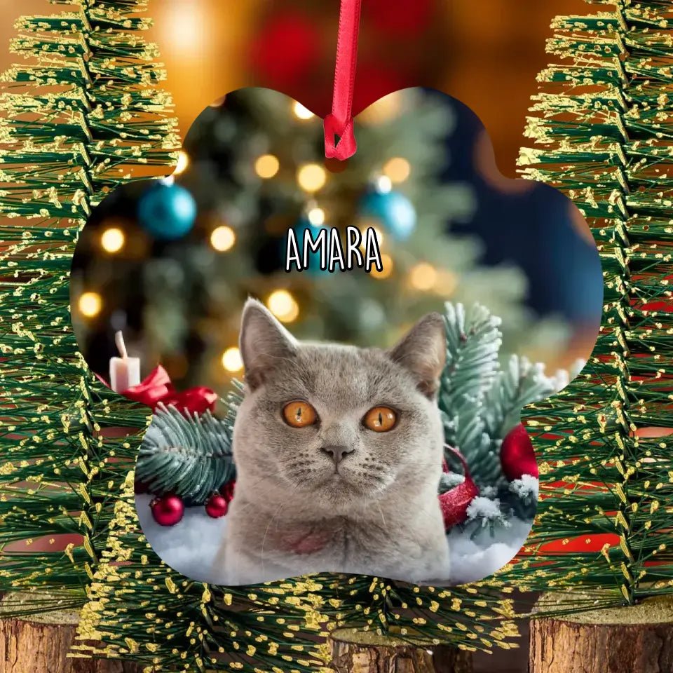 Custom Personalized Cat Photo Christmas Ornament - Paw Shape Holiday - Aluminum Ornaments - Chic Kitty