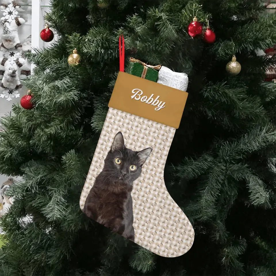 Custom Personalized Cat Photo Christmas Stocking - Holiday Linen - Chic Kitty