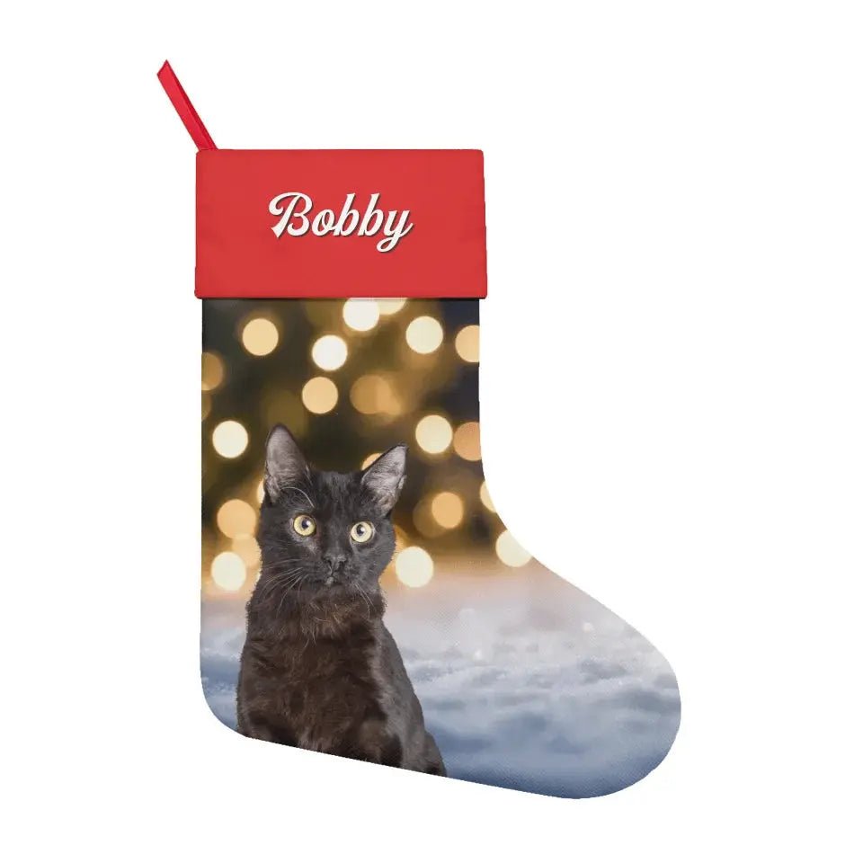 Custom Personalized Cat Photo Christmas Stocking - Holiday Linen - Chic Kitty