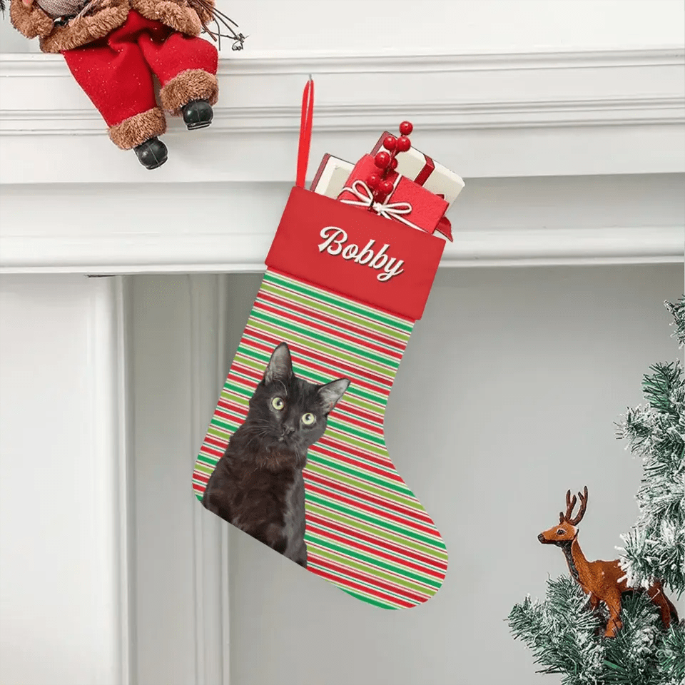 Custom Personalized Cat Photo Christmas Stocking - Holiday Linen - Chic Kitty