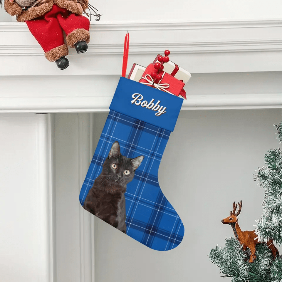 Custom Personalized Cat Photo Christmas Stocking - Holiday Linen - Chic Kitty
