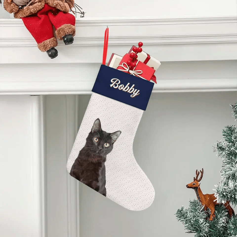 Custom Personalized Cat Photo Christmas Stocking - Holiday Linen - Chic Kitty