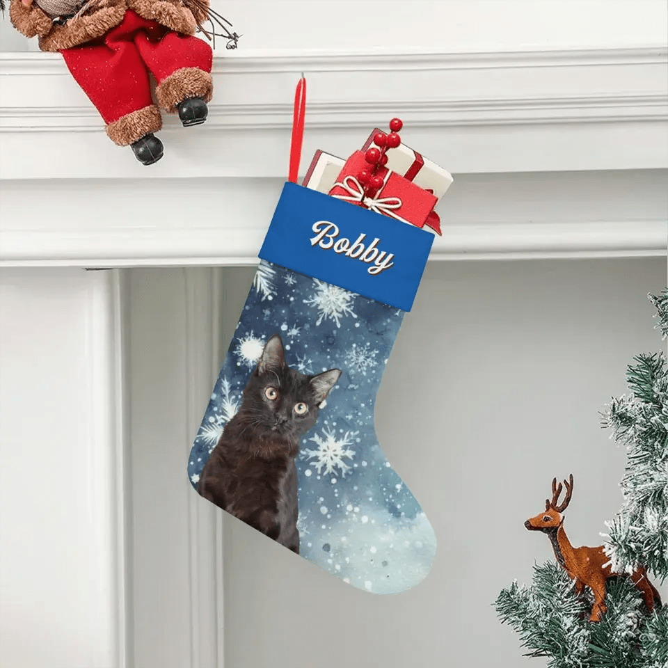 Custom Personalized Cat Photo Christmas Stocking - Holiday Linen - Chic Kitty