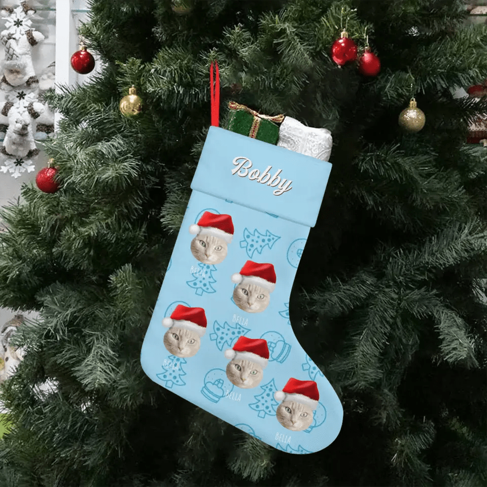 Custom Personalized Cat Photo Christmas Stocking - Holiday Linen - Chic Kitty