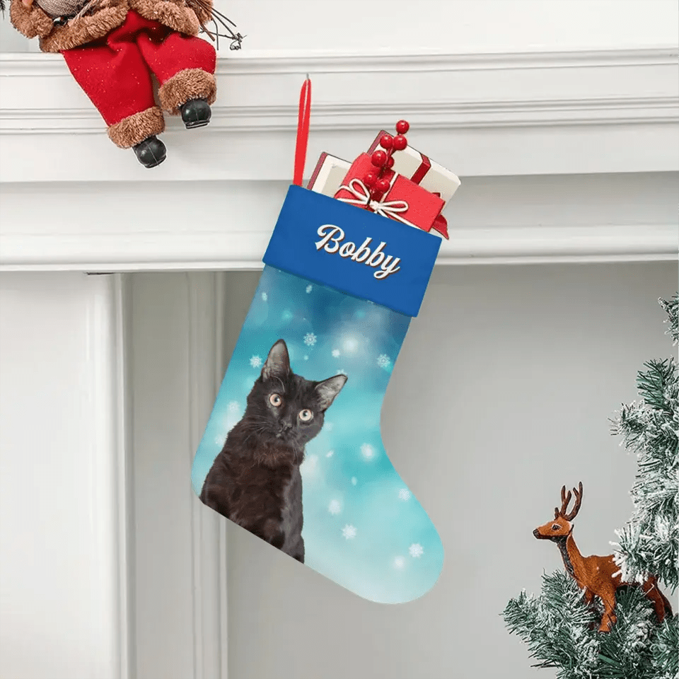 Custom Personalized Cat Photo Christmas Stocking - Holiday Linen - Chic Kitty