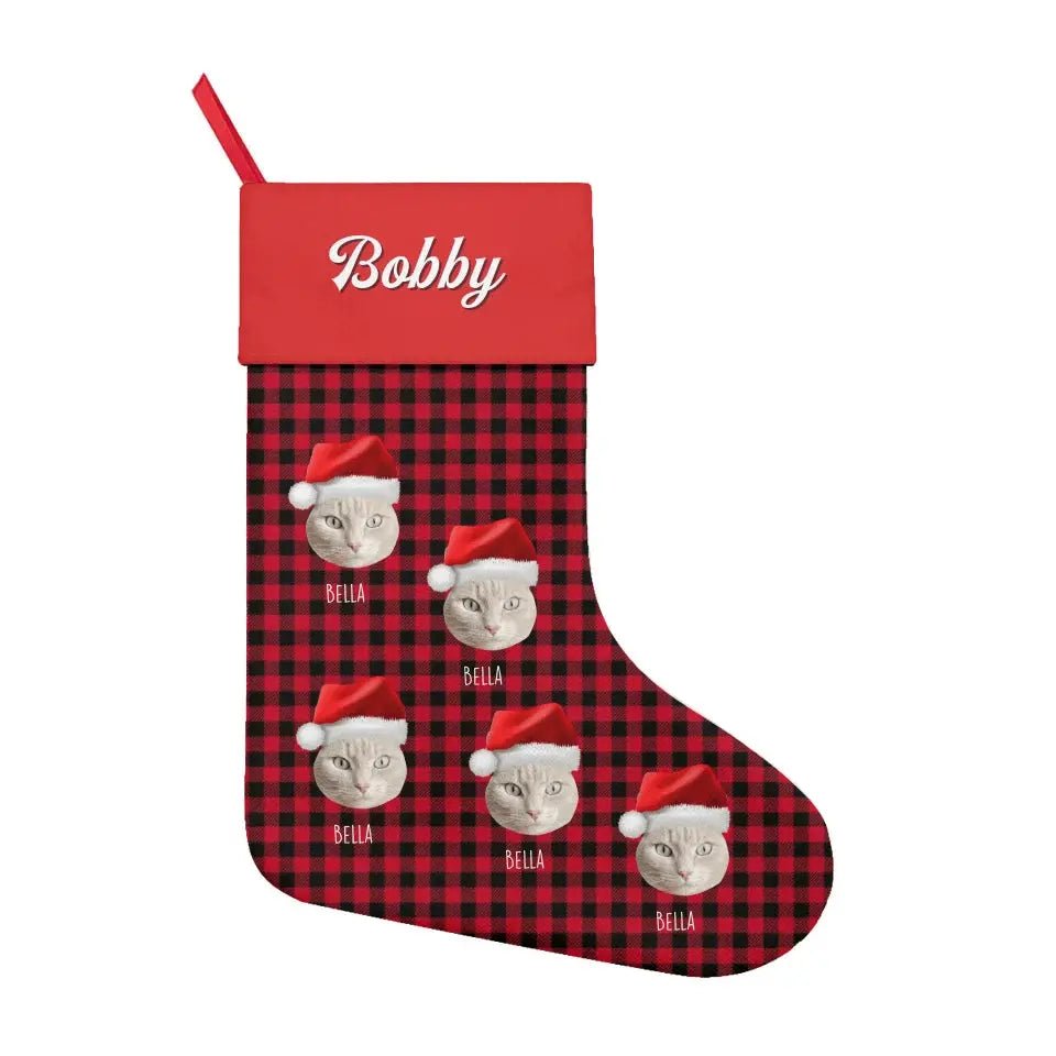 Custom Personalized Cat Photo Christmas Stocking - Holiday Linen - Chic Kitty