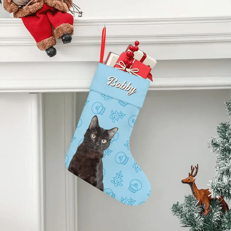 Custom Personalized Cat Photo Christmas Stocking - Holiday Linen - Chic Kitty
