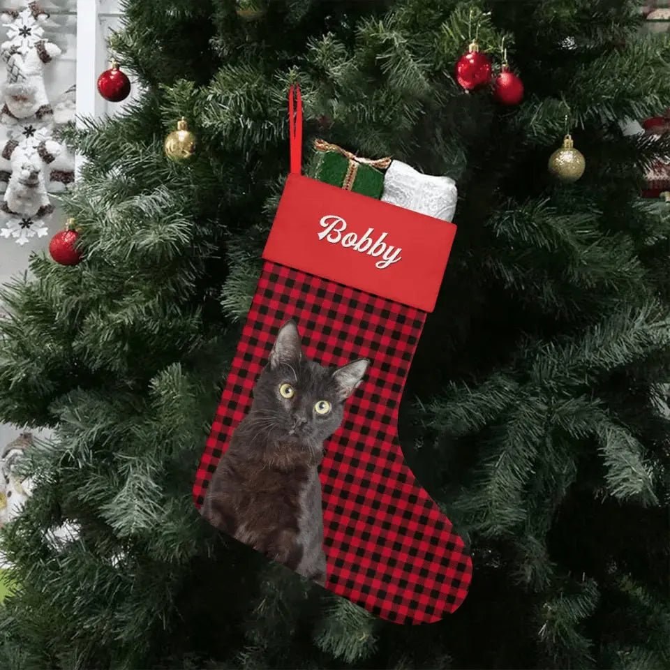 Custom Personalized Cat Photo Christmas Stocking - Holiday Linen - Chic Kitty