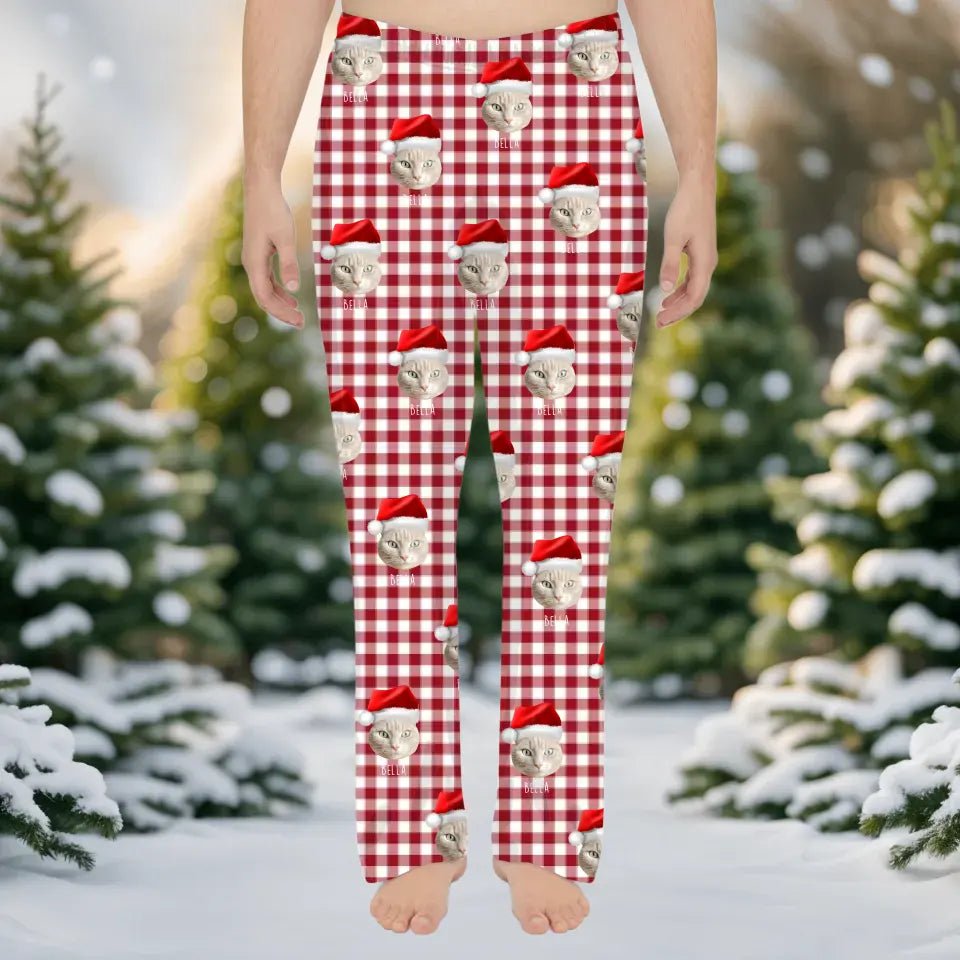Custom Personalized Cat Photo Men's Christmas Pajama Pants - Holiday PJ's for Men - Chic Kitty