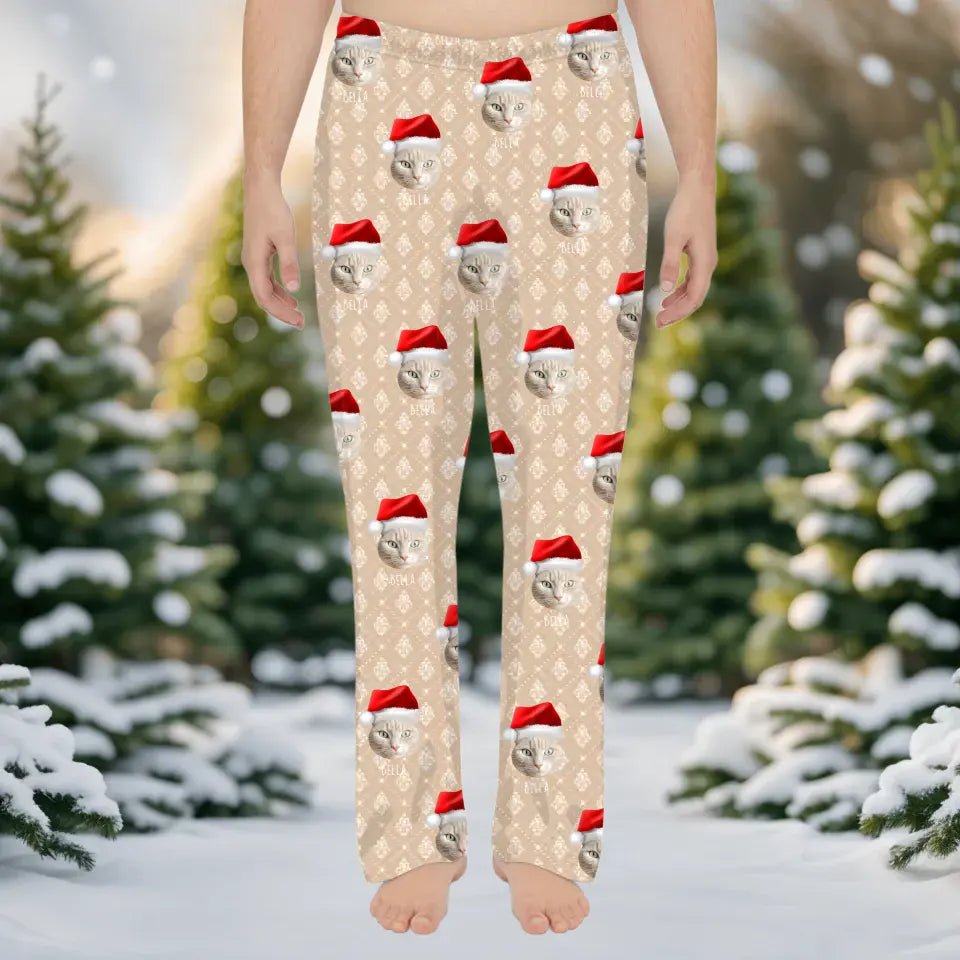 Custom Personalized Cat Photo Men's Christmas Pajama Pants - Holiday PJ's for Men - Chic Kitty