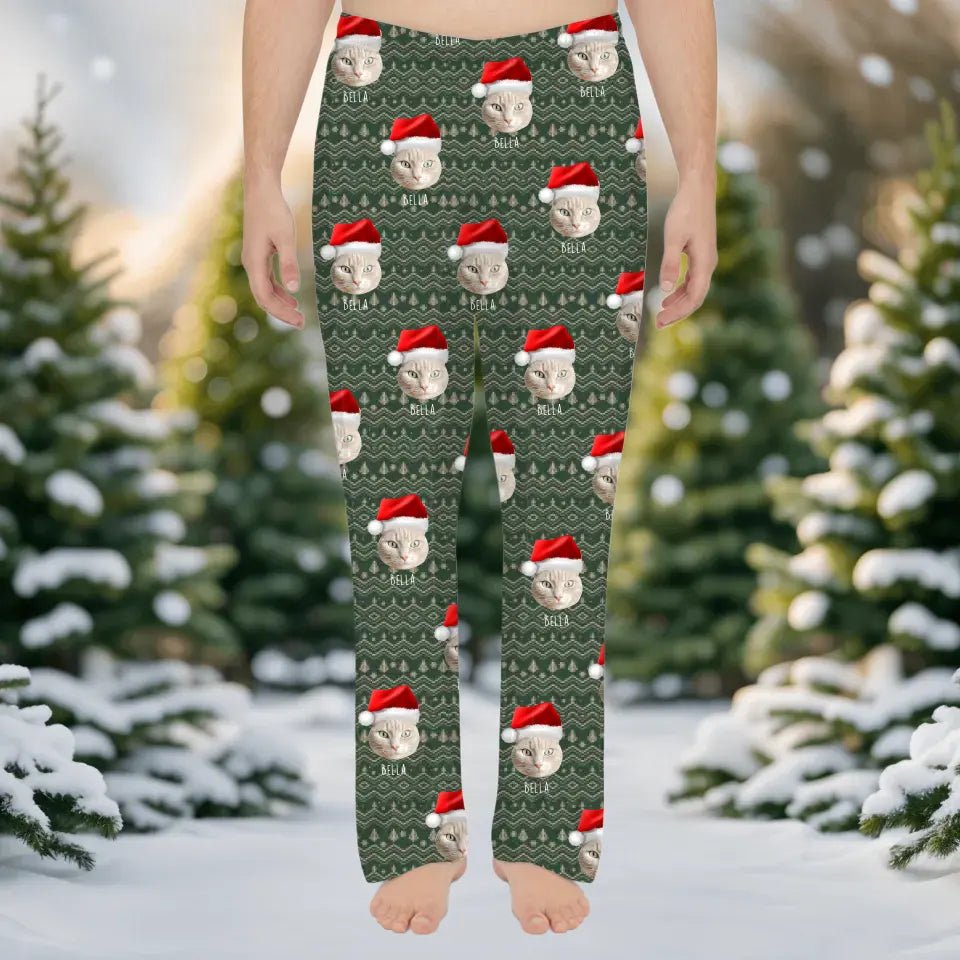 Custom Personalized Cat Photo Men's Christmas Pajama Pants - Holiday PJ's for Men - Chic Kitty