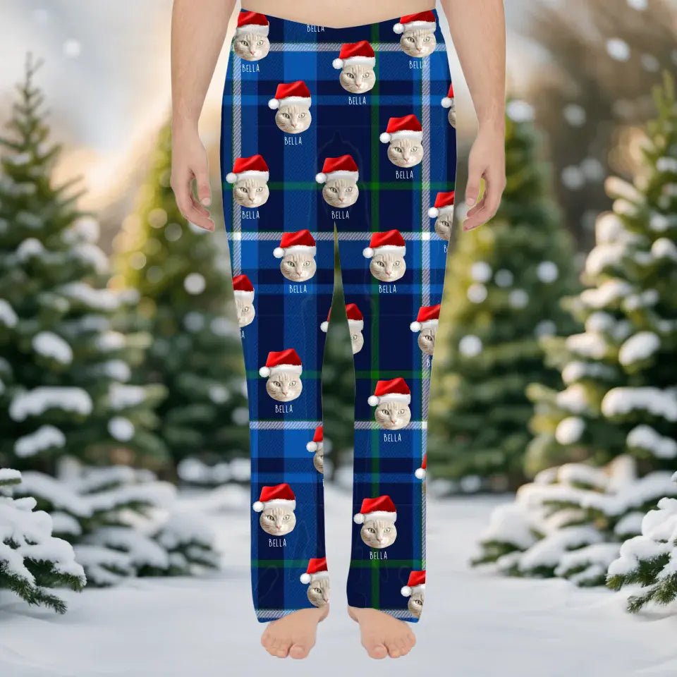 Custom Personalized Cat Photo Men's Christmas Pajama Pants - Holiday PJ's for Men - Chic Kitty