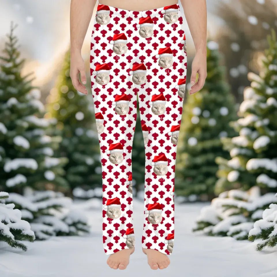 Custom Personalized Cat Photo Men's Christmas Pajama Pants - Holiday PJ's for Men - Chic Kitty