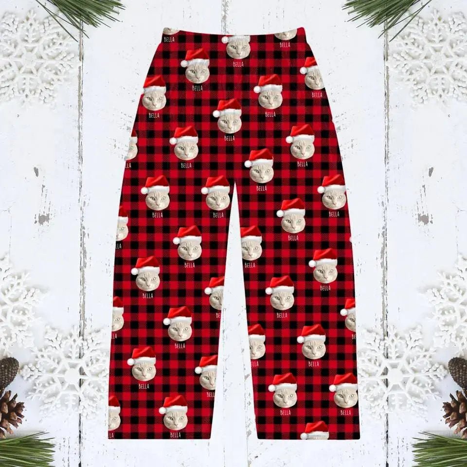Custom Personalized Cat Photo Men's Christmas Pajama Pants - Holiday PJ's for Men - Chic Kitty