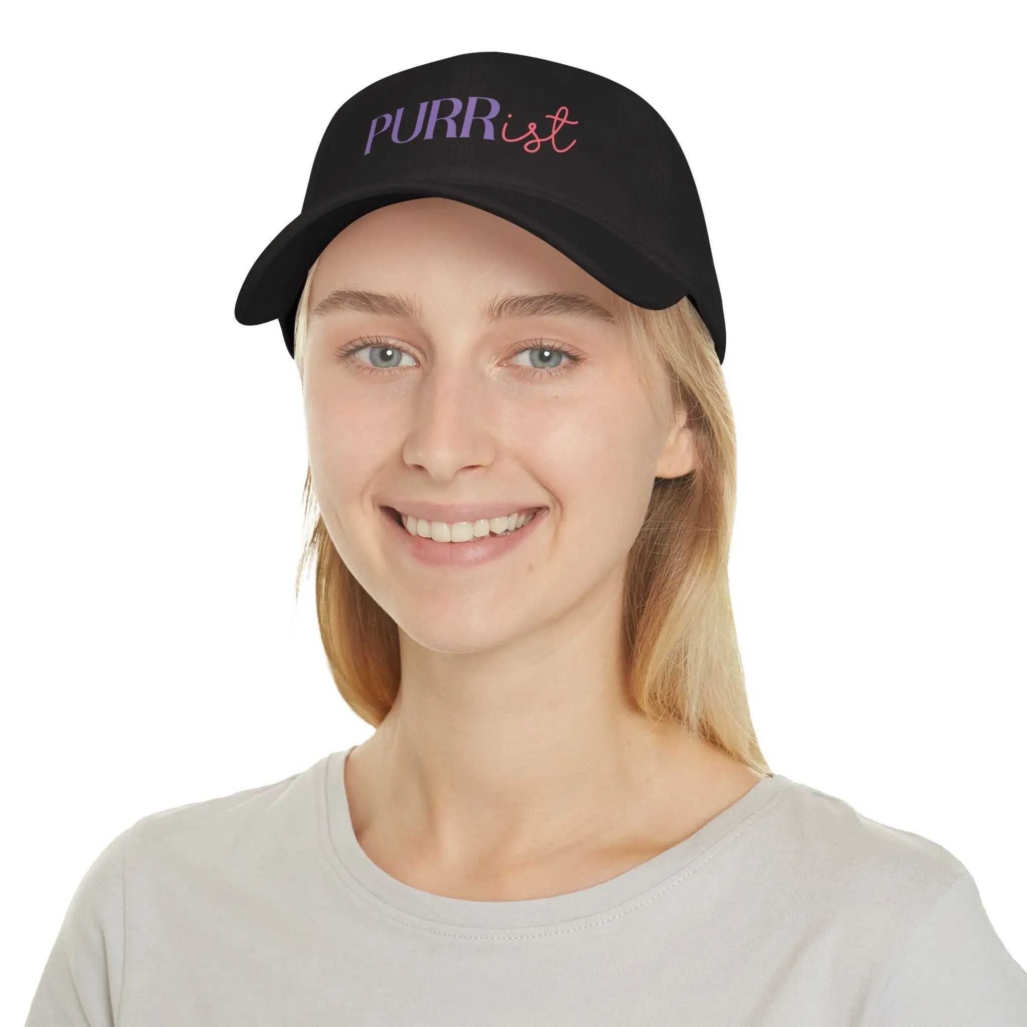 Cute 'PURRist' Low Profile Baseball Cap for Cat Lovers - Adjustable Black Hat - Chic Kitty