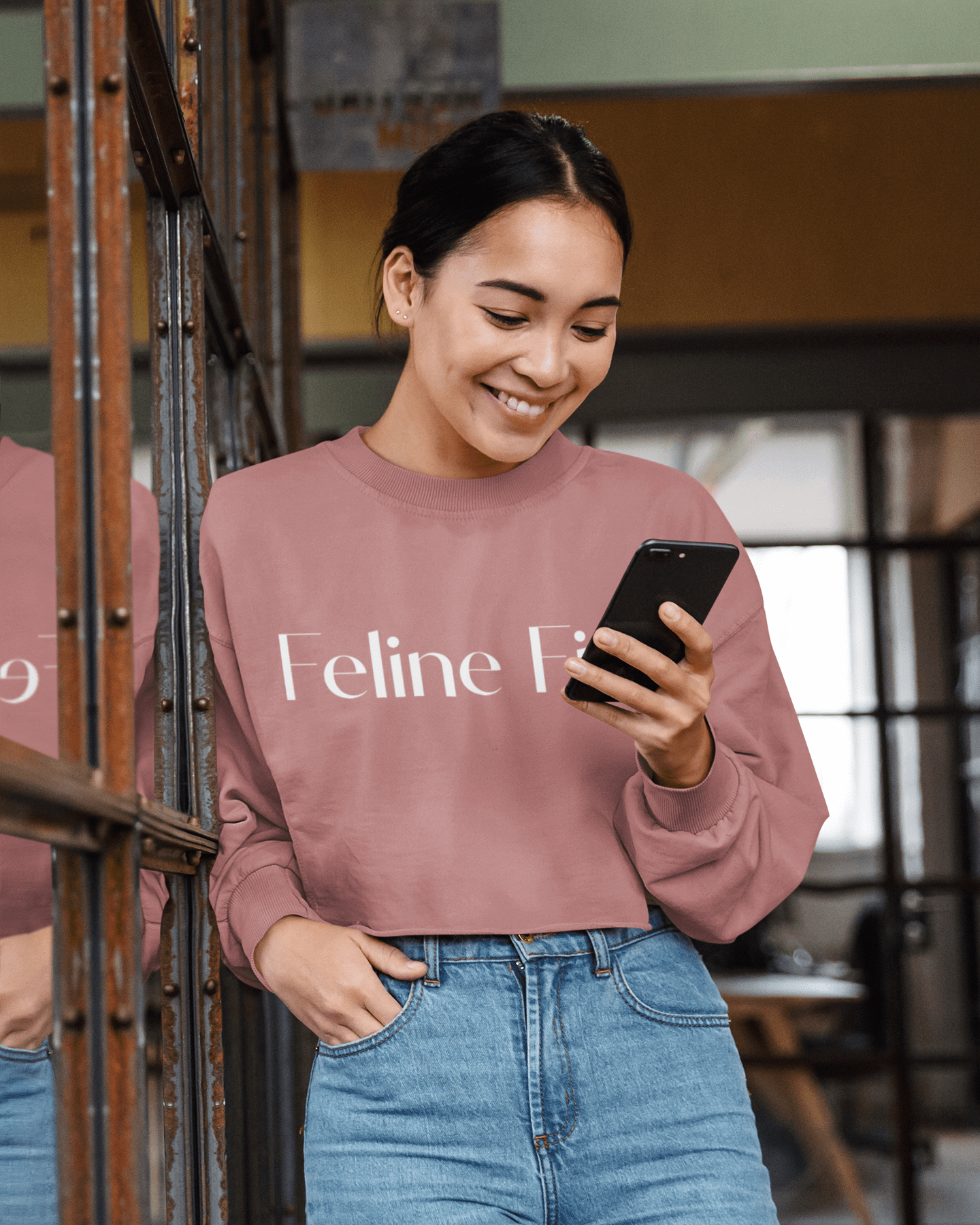 Feline Fine Cropped Sweatshirt for Cat Lovers - Trendy Pink Pullover - Chic Kitty