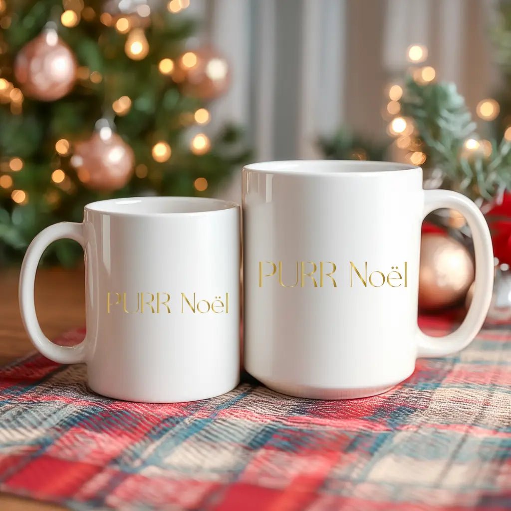 Gold Script 'Purr Noël' Ceramic Mug — Elegant Minimalist Coffee Cup (11oz, 15oz) - Chic Kitty