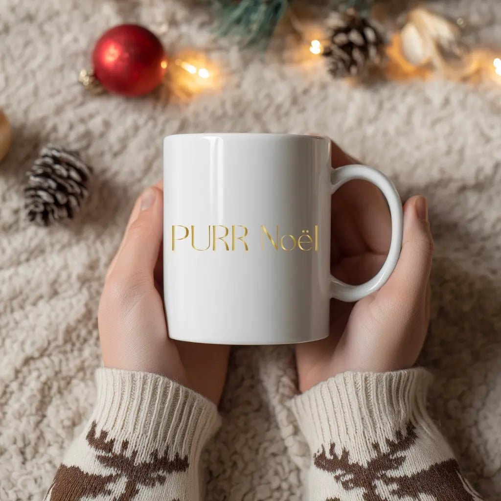 Gold Script 'Purr Noël' Ceramic Mug — Elegant Minimalist Coffee Cup (11oz, 15oz) - Chic Kitty