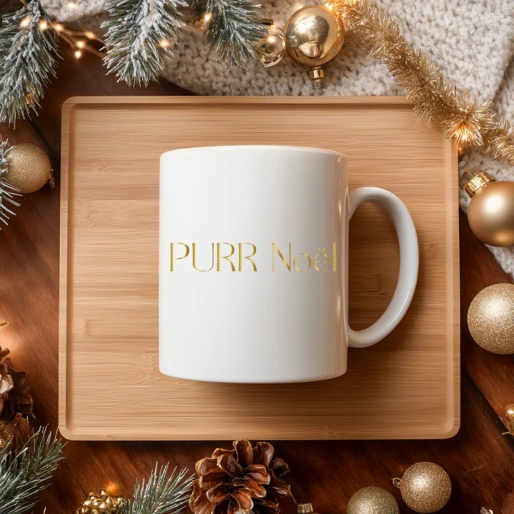 Gold Script 'Purr Noël' Ceramic Mug — Elegant Minimalist Coffee Cup (11oz, 15oz) - Chic Kitty