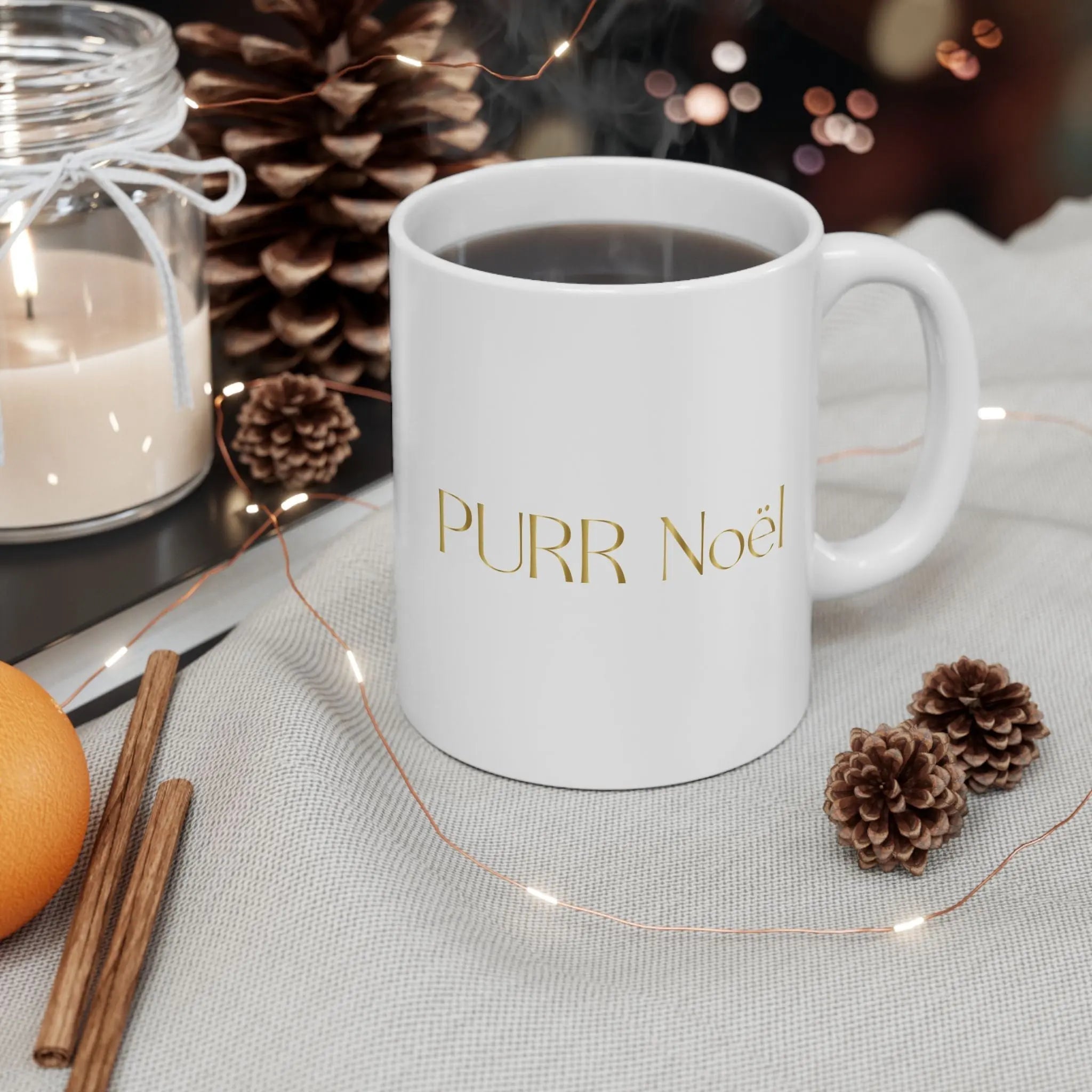 Gold Script 'Purr Noël' Ceramic Mug — Elegant Minimalist Coffee Cup (11oz, 15oz) - Chic Kitty