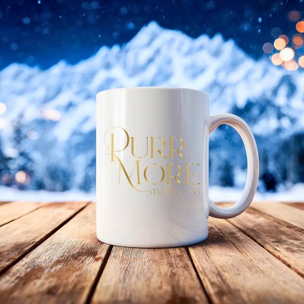 Inspirational Ceramic Mug - "Purr More Stress Less" Gold Script Coffee Cup (11oz, 15oz) - Chic Kitty