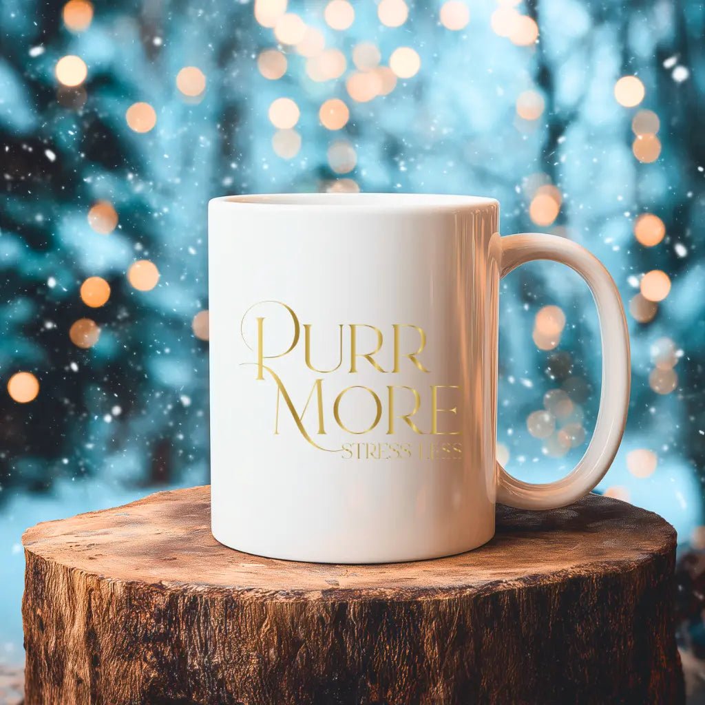 Inspirational Ceramic Mug - "Purr More Stress Less" Gold Script Coffee Cup (11oz, 15oz) - Chic Kitty