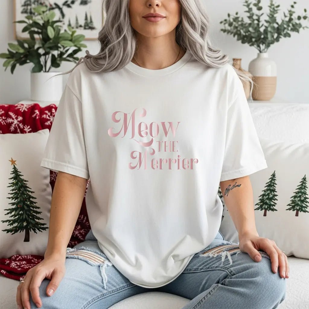 Meow the Merrier Tee - Women's Cute Cat Holiday Graphic T-Shirt - Chic Kitty