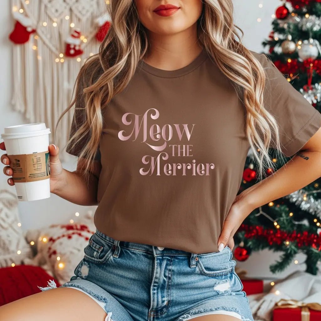 Meow the Merrier Tee - Women's Cute Cat Holiday Graphic T-Shirt - Chic Kitty