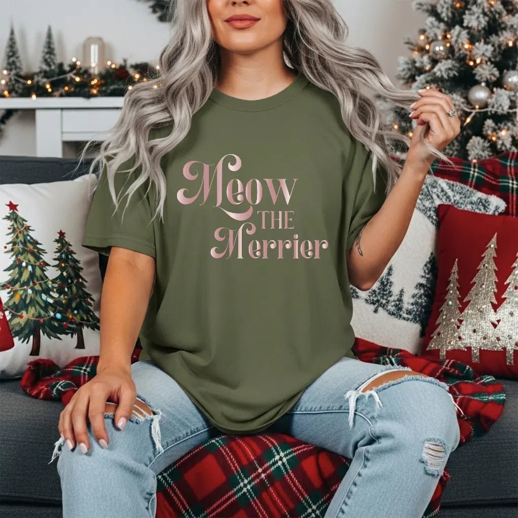 Meow the Merrier Tee - Women's Cute Cat Holiday Graphic T-Shirt - Chic Kitty