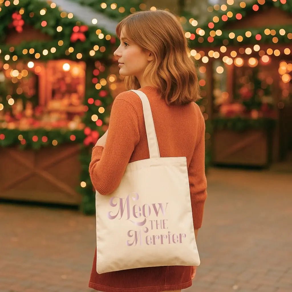Meow the Merrier Tote Bag - Natural Tote Bag for Cat Lovers Unique Holiday Mood Merchandise - Chic Kitty