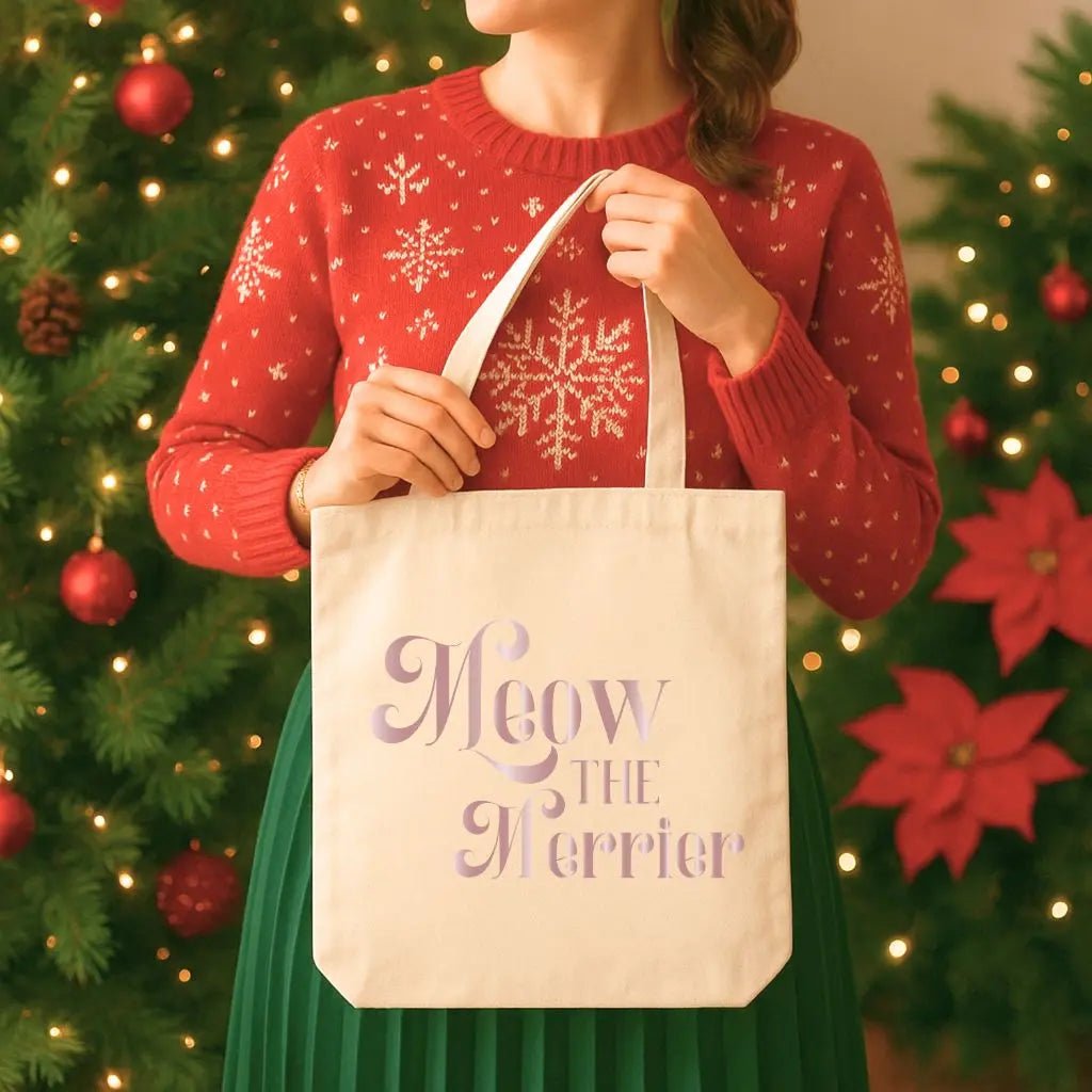Meow the Merrier Tote Bag - Natural Tote Bag for Cat Lovers Unique Holiday Mood Merchandise - Chic Kitty