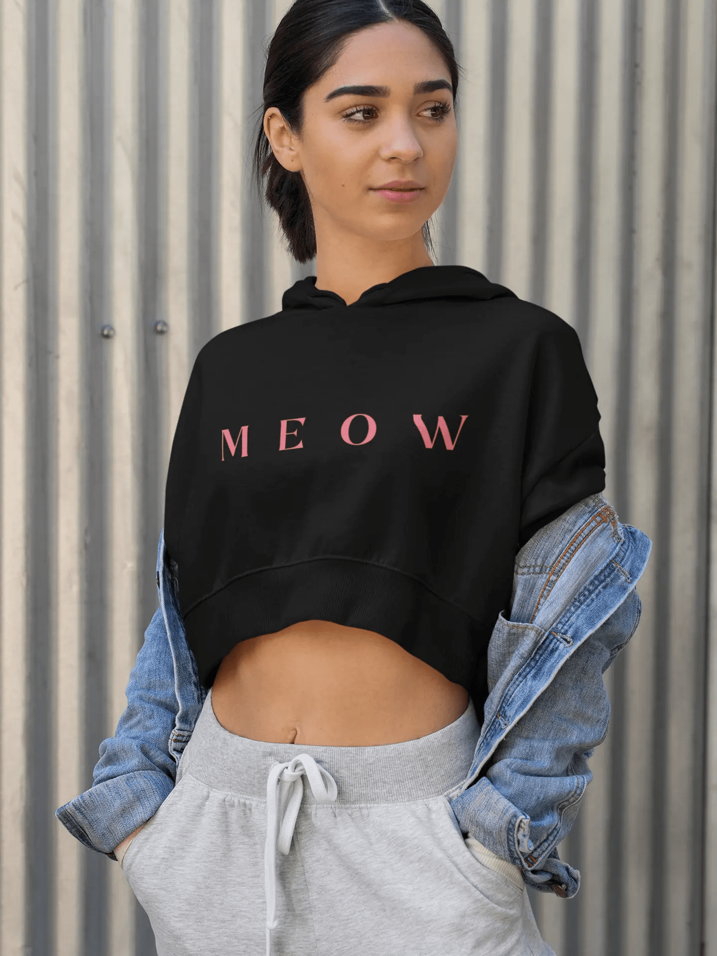 Meow Women’s Cropped Hooded Sweatshirt | Trendy Cat Lover Apparel - Chic Kitty