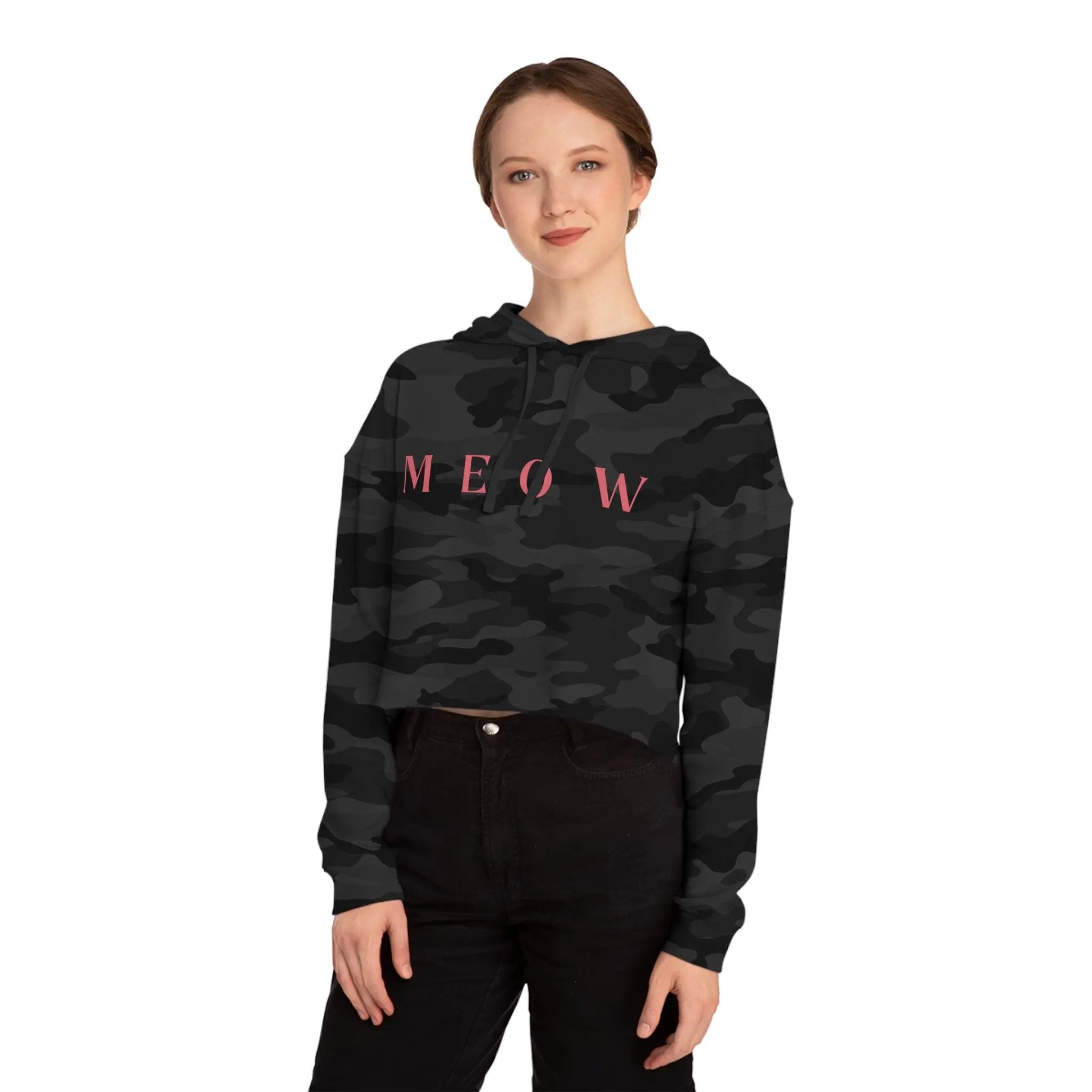 Meow Women’s Cropped Hooded Sweatshirt | Trendy Cat Lover Apparel - Chic Kitty