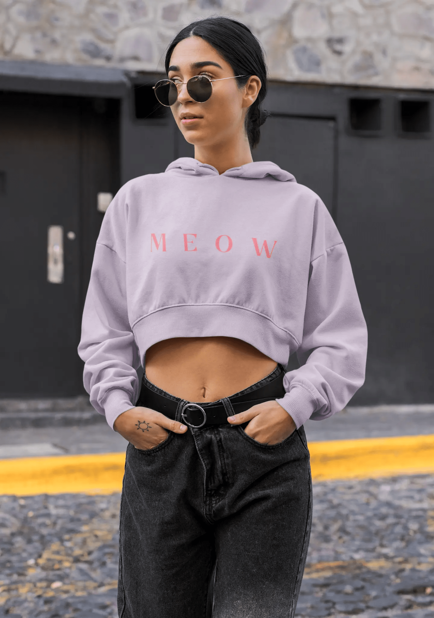 Meow Women’s Cropped Hooded Sweatshirt | Trendy Cat Lover Apparel - Chic Kitty