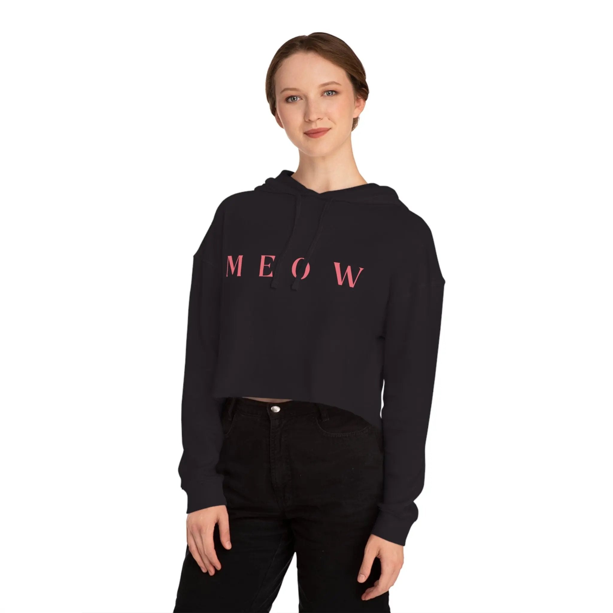 Meow Women’s Cropped Hooded Sweatshirt | Trendy Cat Lover Apparel - Chic Kitty