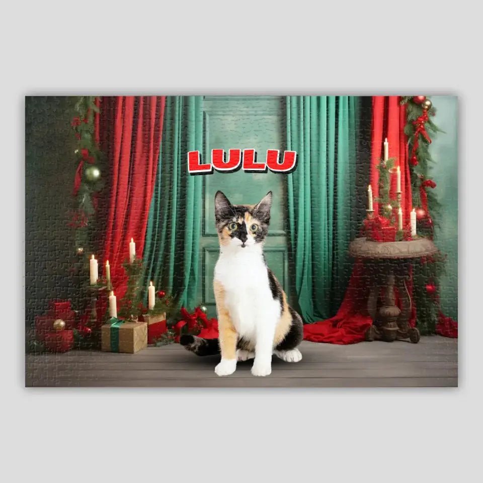 Personalized Christmas Backdrop Cat Photo Puzzle - Chic Kitty