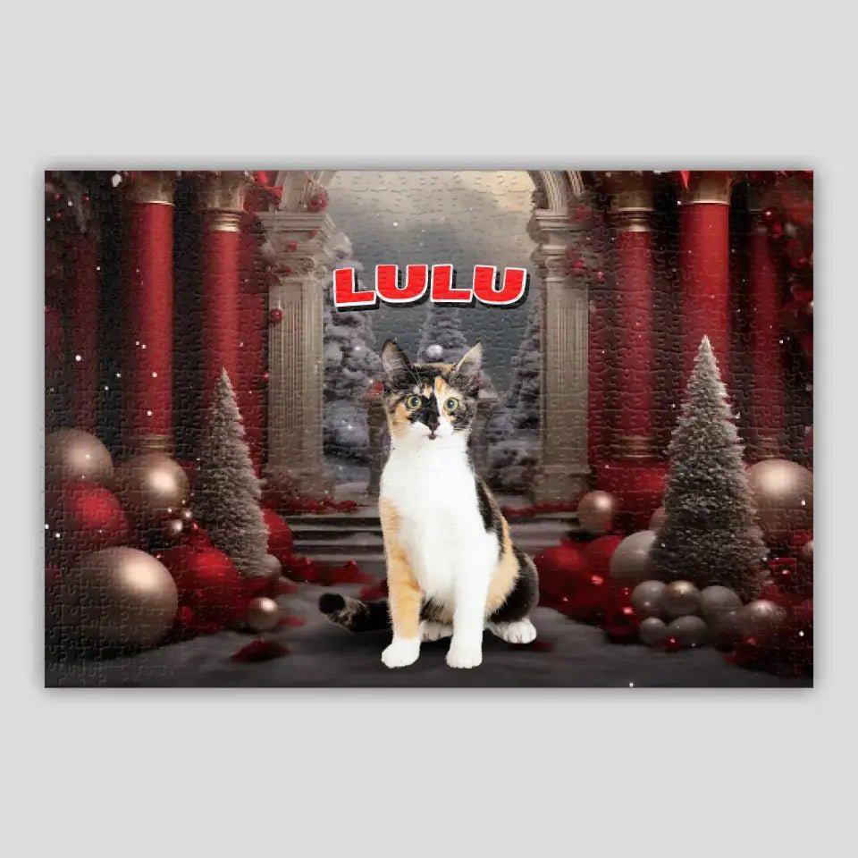 Personalized Christmas Backdrop Cat Photo Puzzle - Chic Kitty