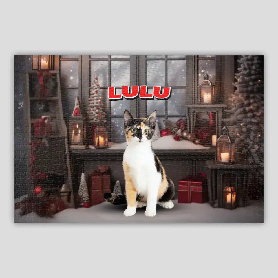 Personalized Christmas Backdrop Cat Photo Puzzle - Chic Kitty