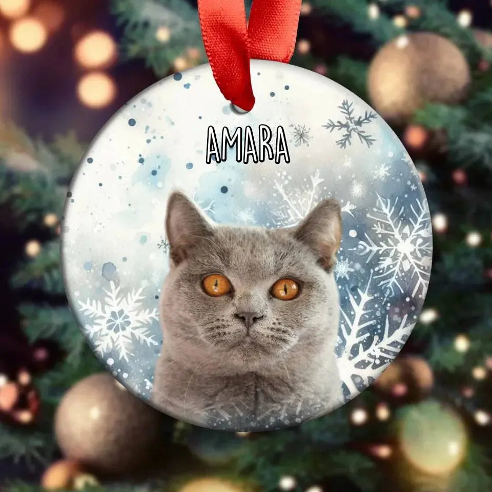Custom Personalized Cat Photo Christmas  Ornament -Holiday Acrylic Ornament with Ribbon - Chic Kitty