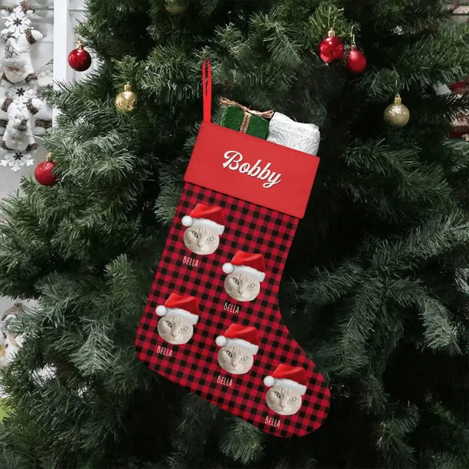 Custom Personalized Cat Photo Christmas Stocking - Holiday Linen - Chic Kitty