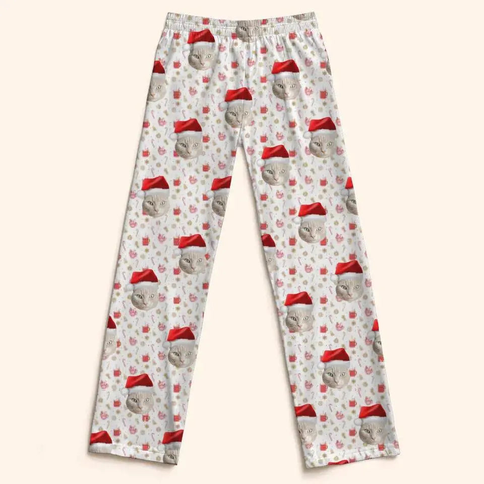 Custom Personalized Cat Photo Christmas Pajama Pants - Holiday PJ's for Kids - Chic Kitty