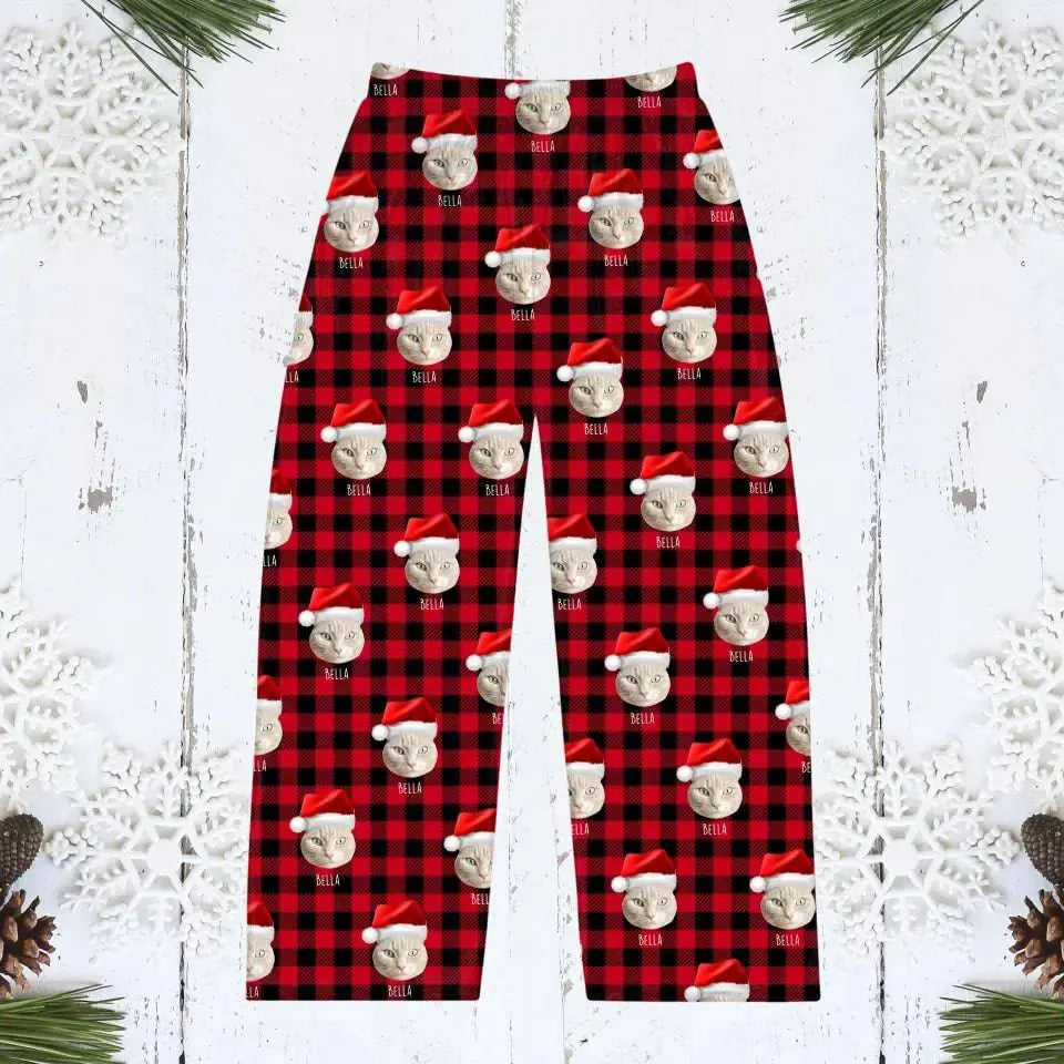 Custom Personalized Cat Photo Men's Christmas Pajama Pants - Holiday PJ's for Men - Chic Kitty