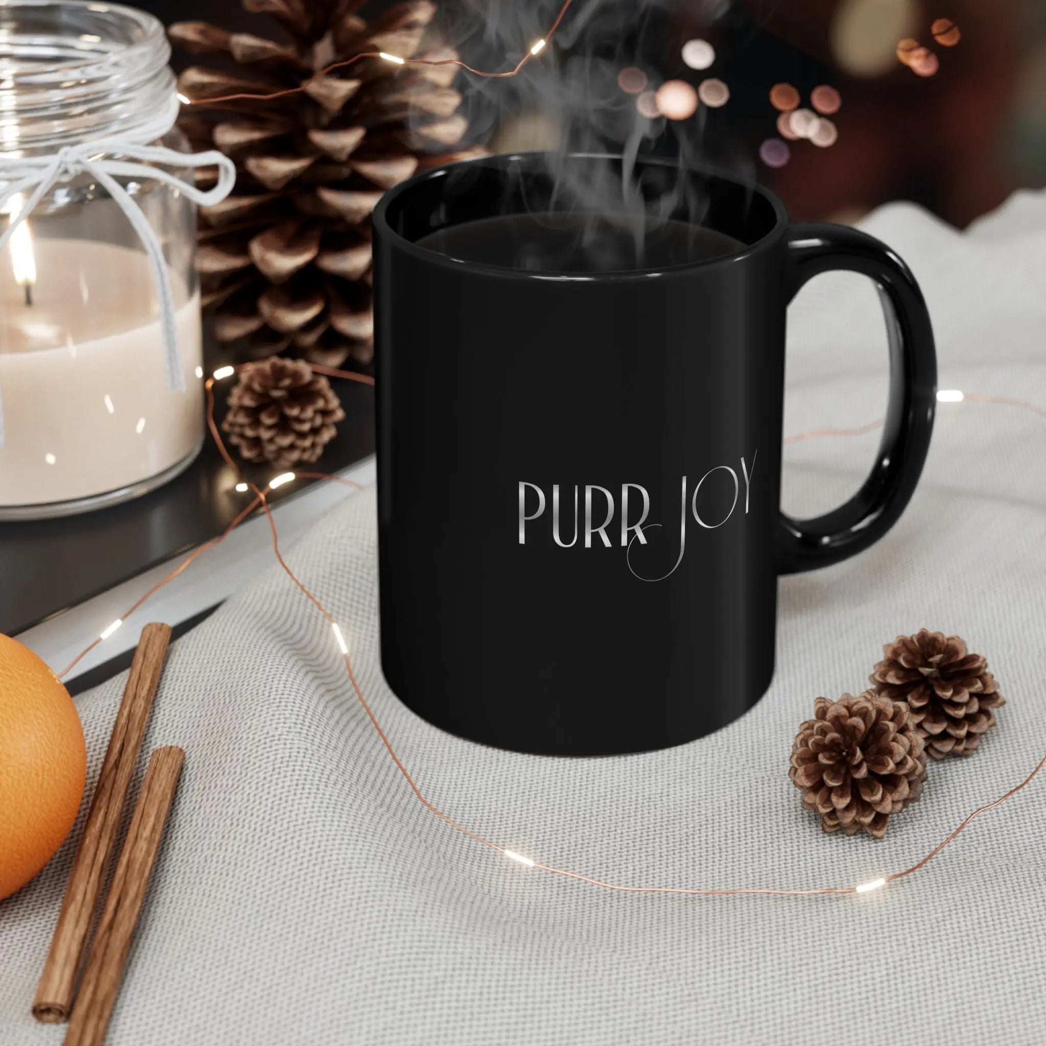 Purr Joy Black Ceramic Mug — Cute Cat Lover Coffee Cup (11oz & 15oz) - Chic Kitty