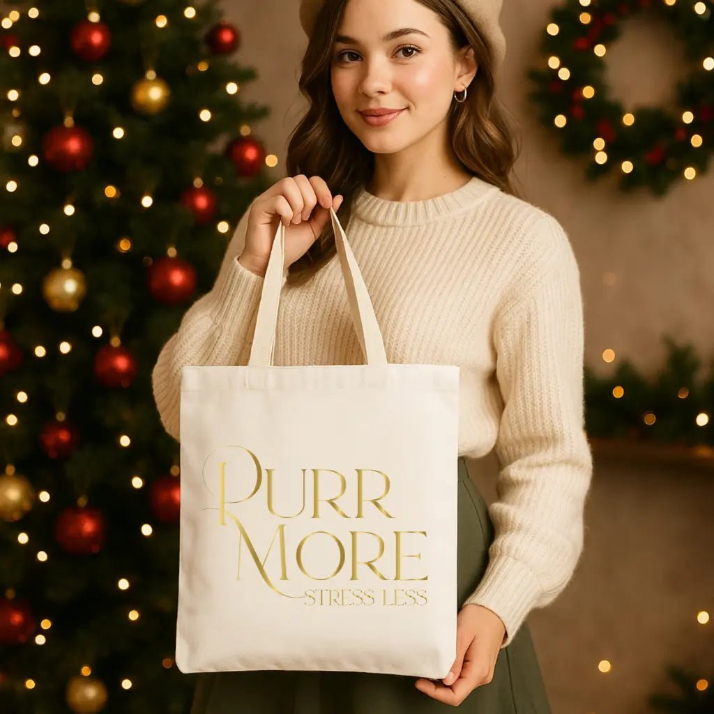 Purr More Stress Less Canvas Tote Bag — Gold Foil Cat Quote Eco Shopper - Chic Kitty