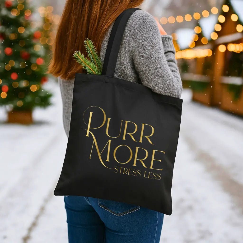 Purr More Stress Less Canvas Tote Bag — Gold Foil Cat Quote Eco Shopper - Chic Kitty