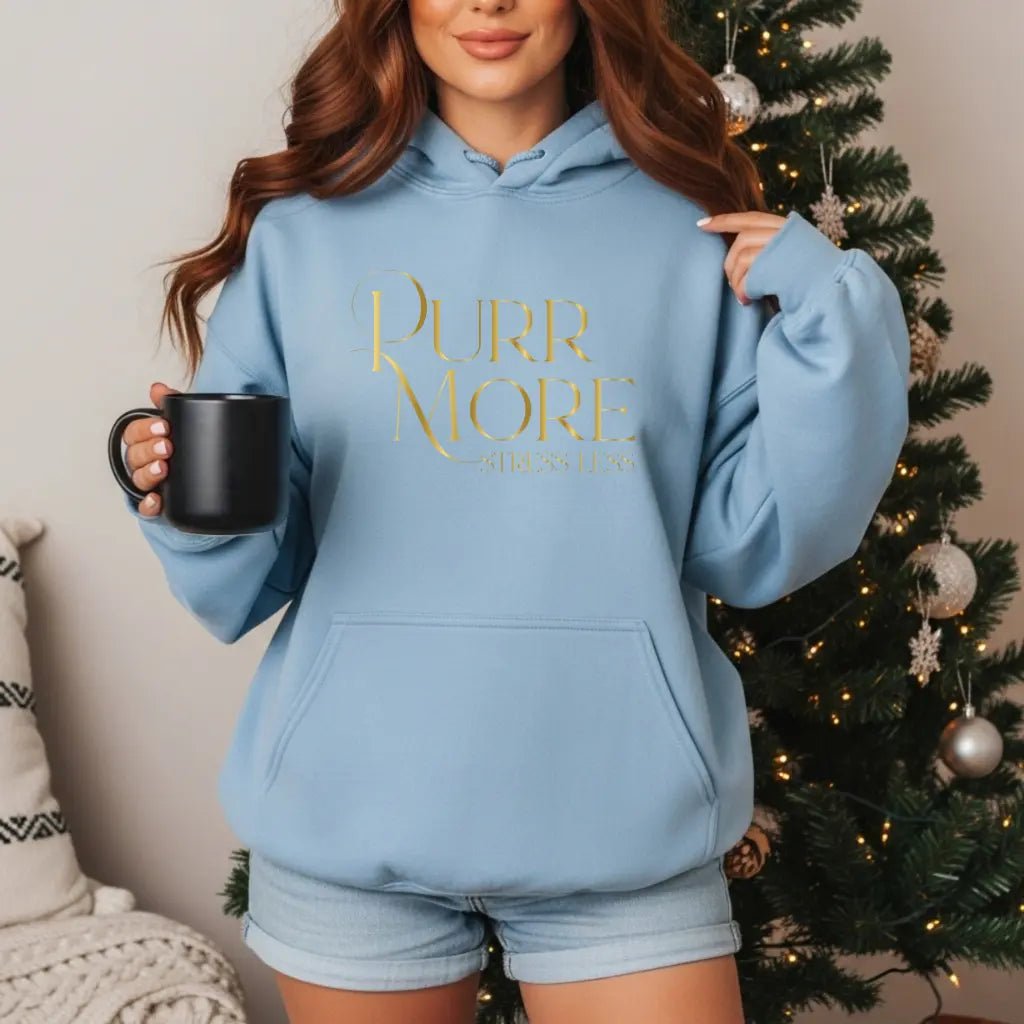 Purr More Stress Less Hoodie — Gold Script Cat Lover Sweatshirt - Chic Kitty