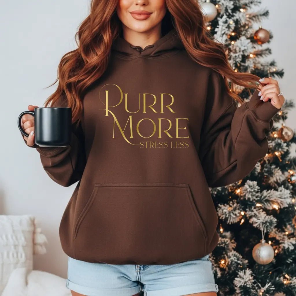 Purr More Stress Less Hoodie — Gold Script Cat Lover Sweatshirt - Chic Kitty