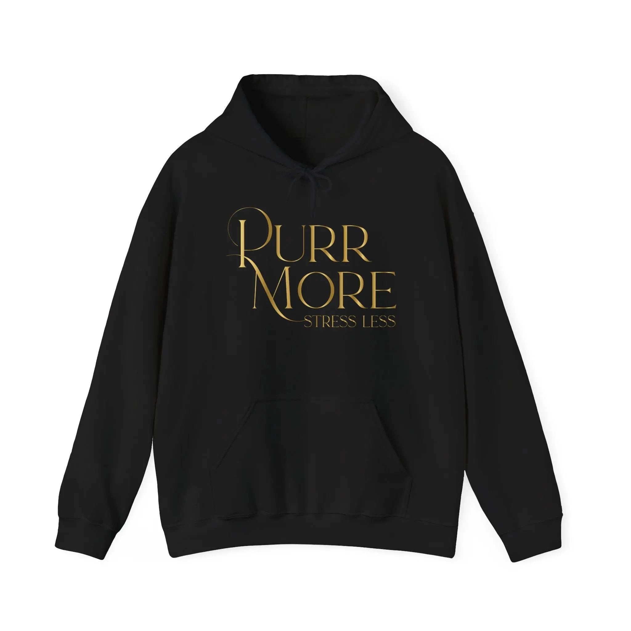 Purr More Stress Less Hoodie — Gold Script Cat Lover Sweatshirt - Chic Kitty