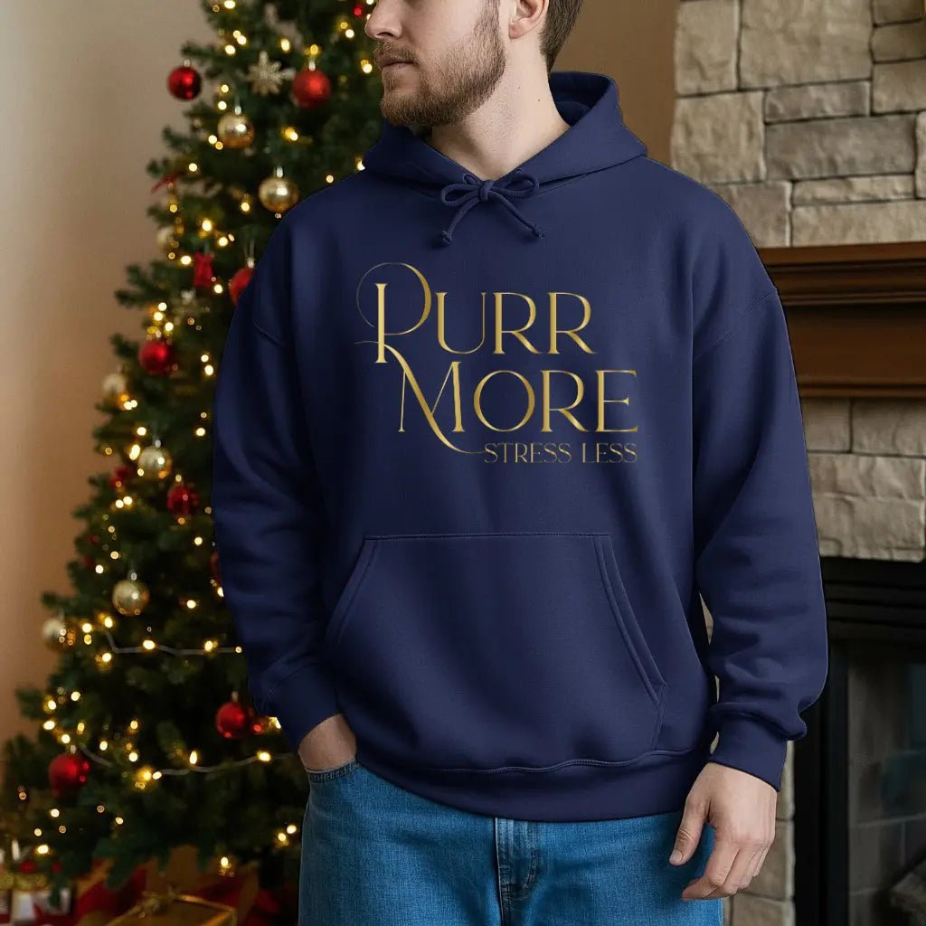 Purr More Stress Less Hoodie — Gold Script Cat Lover Sweatshirt - Chic Kitty