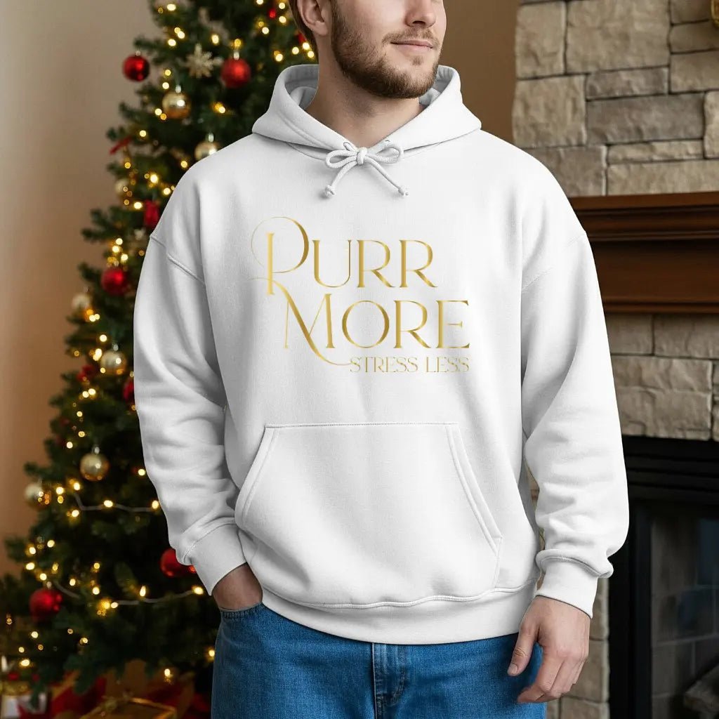 Purr More Stress Less Hoodie — Gold Script Cat Lover Sweatshirt - Chic Kitty